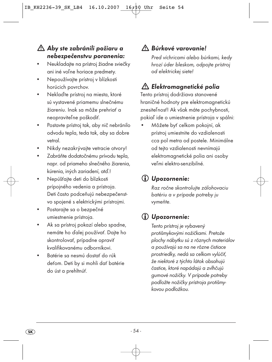 Búrkové varovanie, Elektromagnetické polia, Upozornenie | Kompernass KH 2238 User Manual | Page 56 / 82