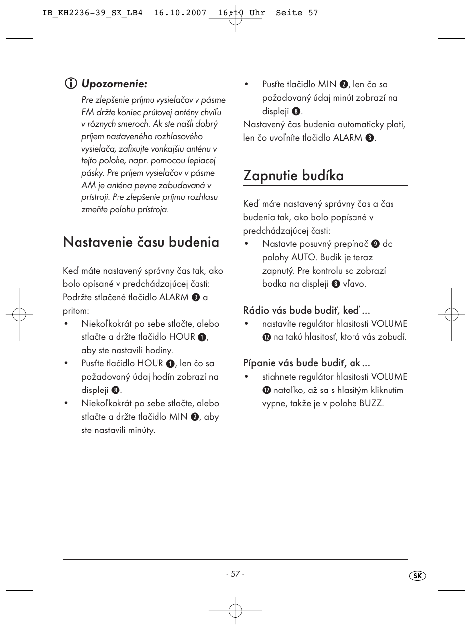 Nastavenie času budenia, Zapnutie budíka | Kompernass KH 2238 User Manual | Page 59 / 82