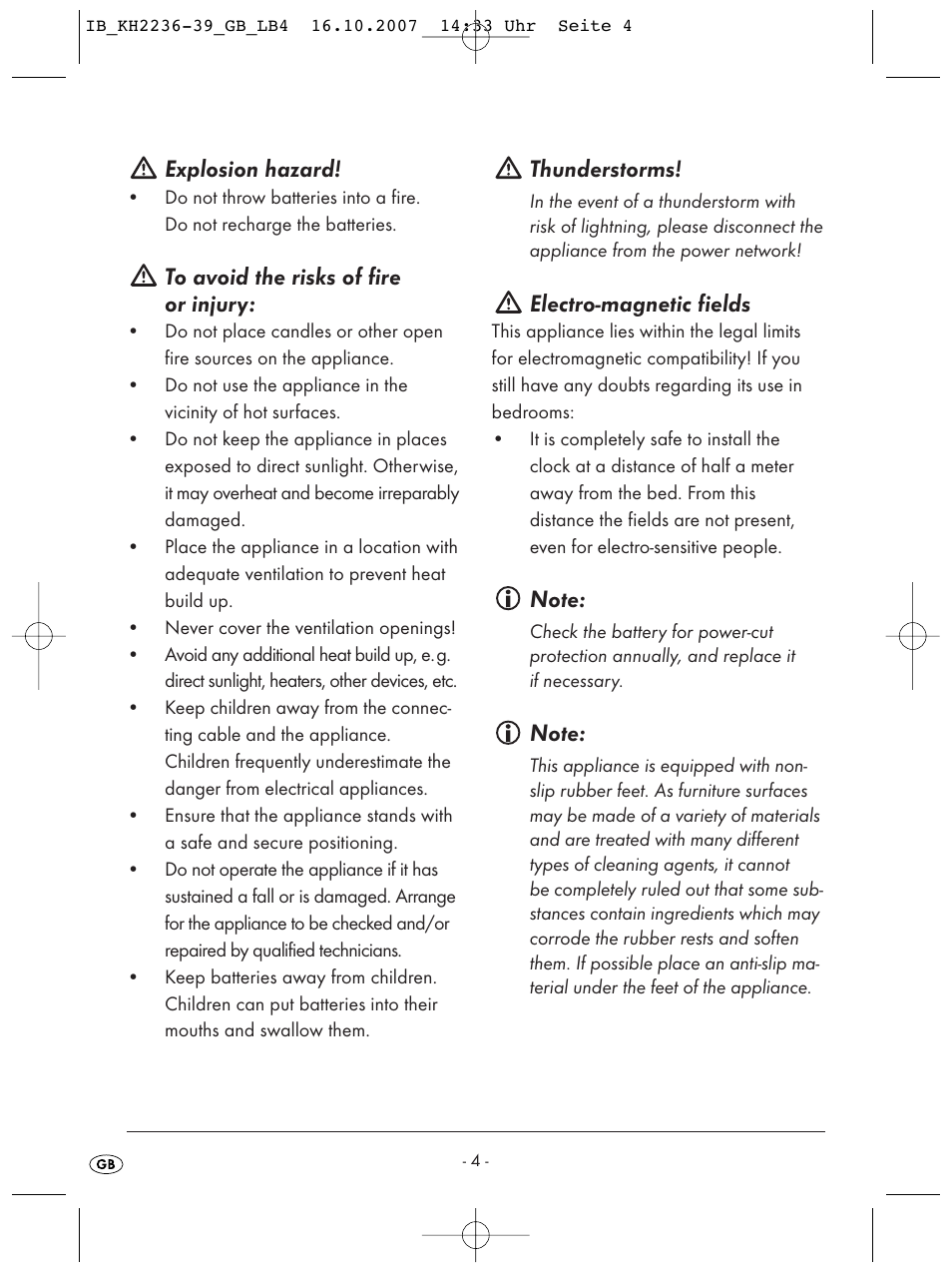 Explosion hazard, Thunderstorms, Electro-magnetic fields | Kompernass KH 2238 User Manual | Page 6 / 82