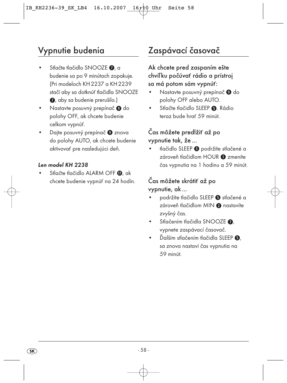 Vypnutie budenia, Zaspávací časovač | Kompernass KH 2238 User Manual | Page 60 / 82