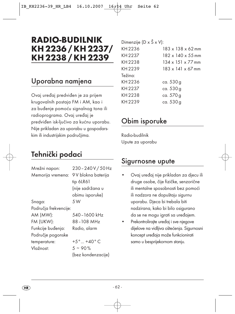 Uporabna namjena, Tehnički podaci, Obim isporuke | Sigurnosne upute | Kompernass KH 2238 User Manual | Page 64 / 82