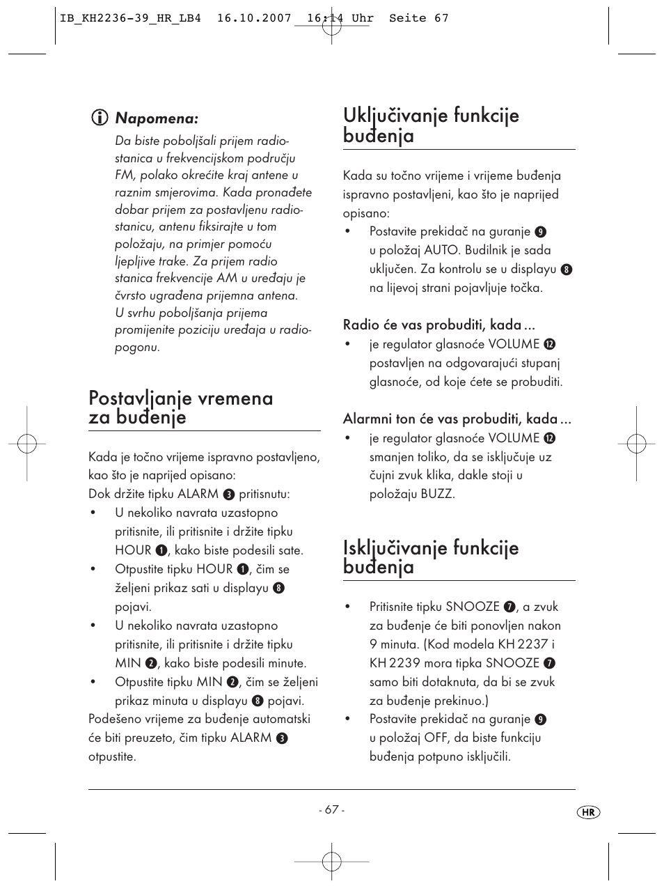 Postavljanje vremena za buđenje, Uključivanje funkcije buđenja, Isključivanje funkcije buđenja | Kompernass KH 2238 User Manual | Page 69 / 82
