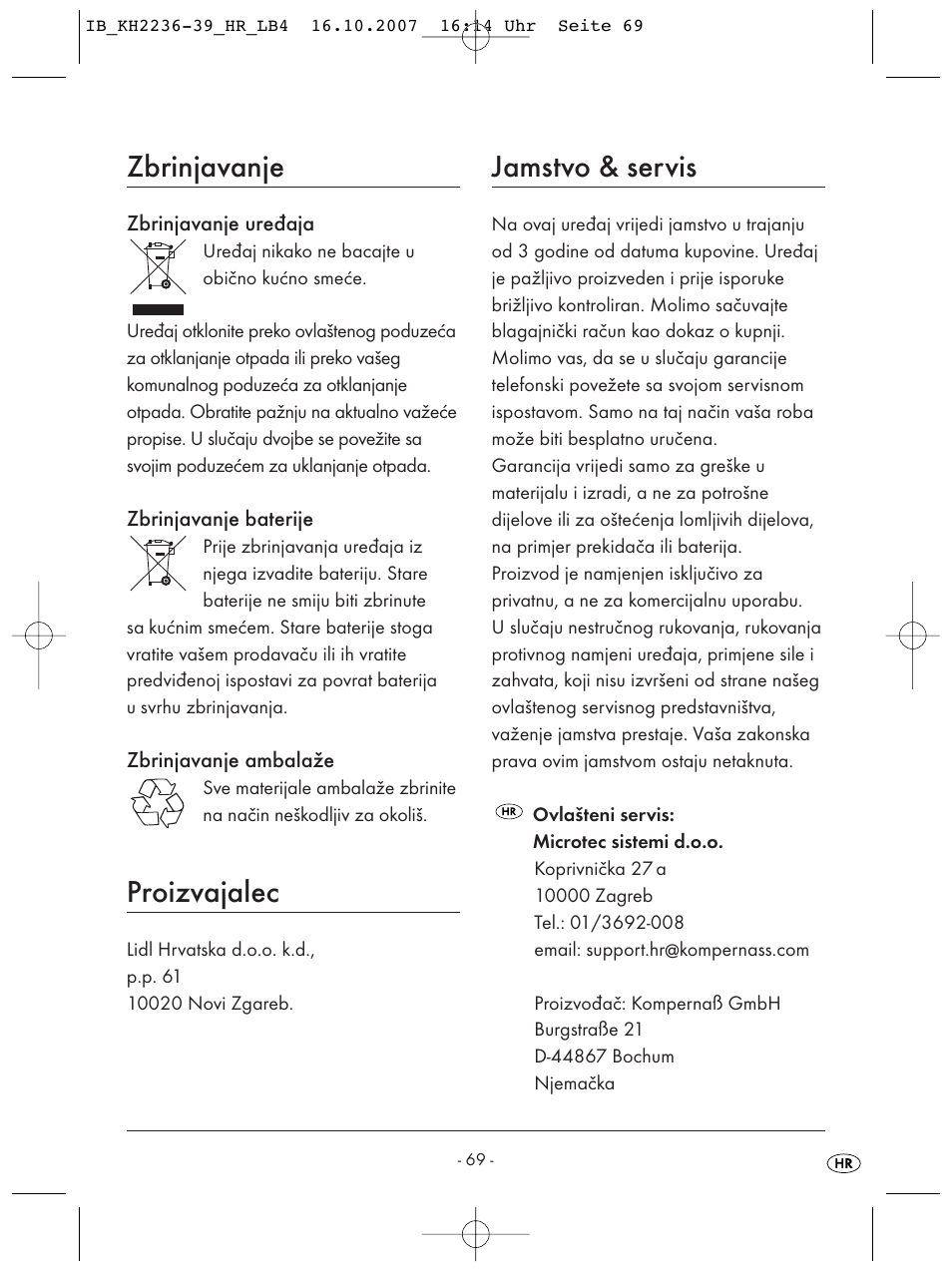 Zbrinjavanje, Proizvajalec, Jamstvo & servis | Kompernass KH 2238 User Manual | Page 71 / 82