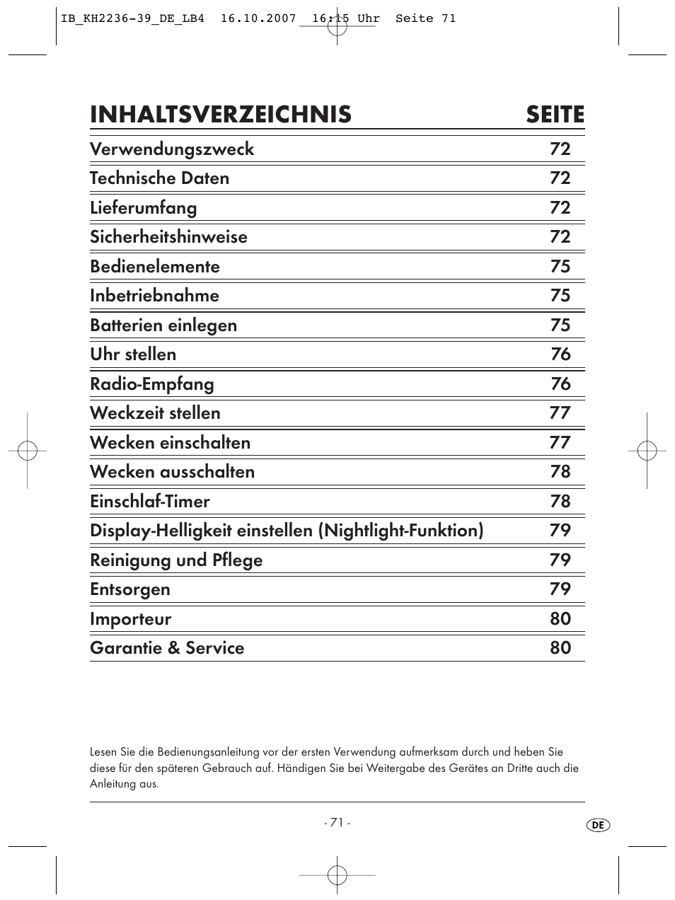 Inhaltsverzeichnis seite | Kompernass KH 2238 User Manual | Page 73 / 82