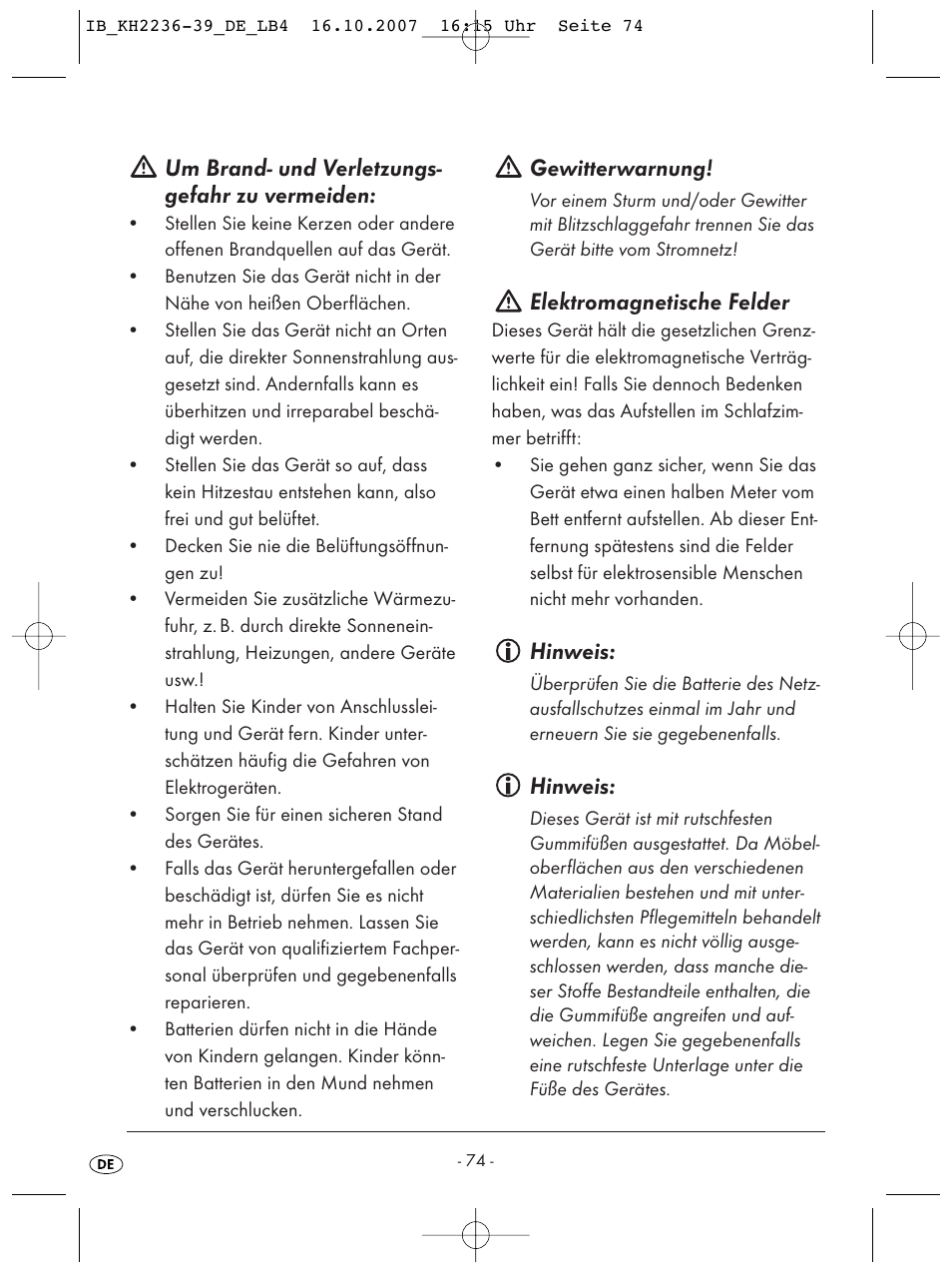 Um brand- und verletzungs- gefahr zu vermeiden, Gewitterwarnung, Elektromagnetische felder | Hinweis | Kompernass KH 2238 User Manual | Page 76 / 82