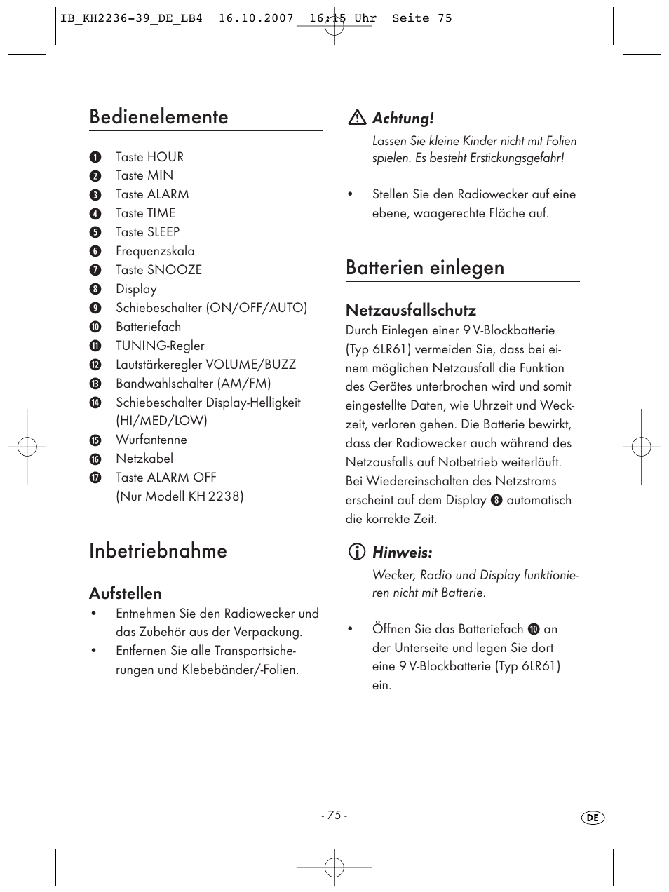 Bedienelemente, Inbetriebnahme, Batterien einlegen | Kompernass KH 2238 User Manual | Page 77 / 82