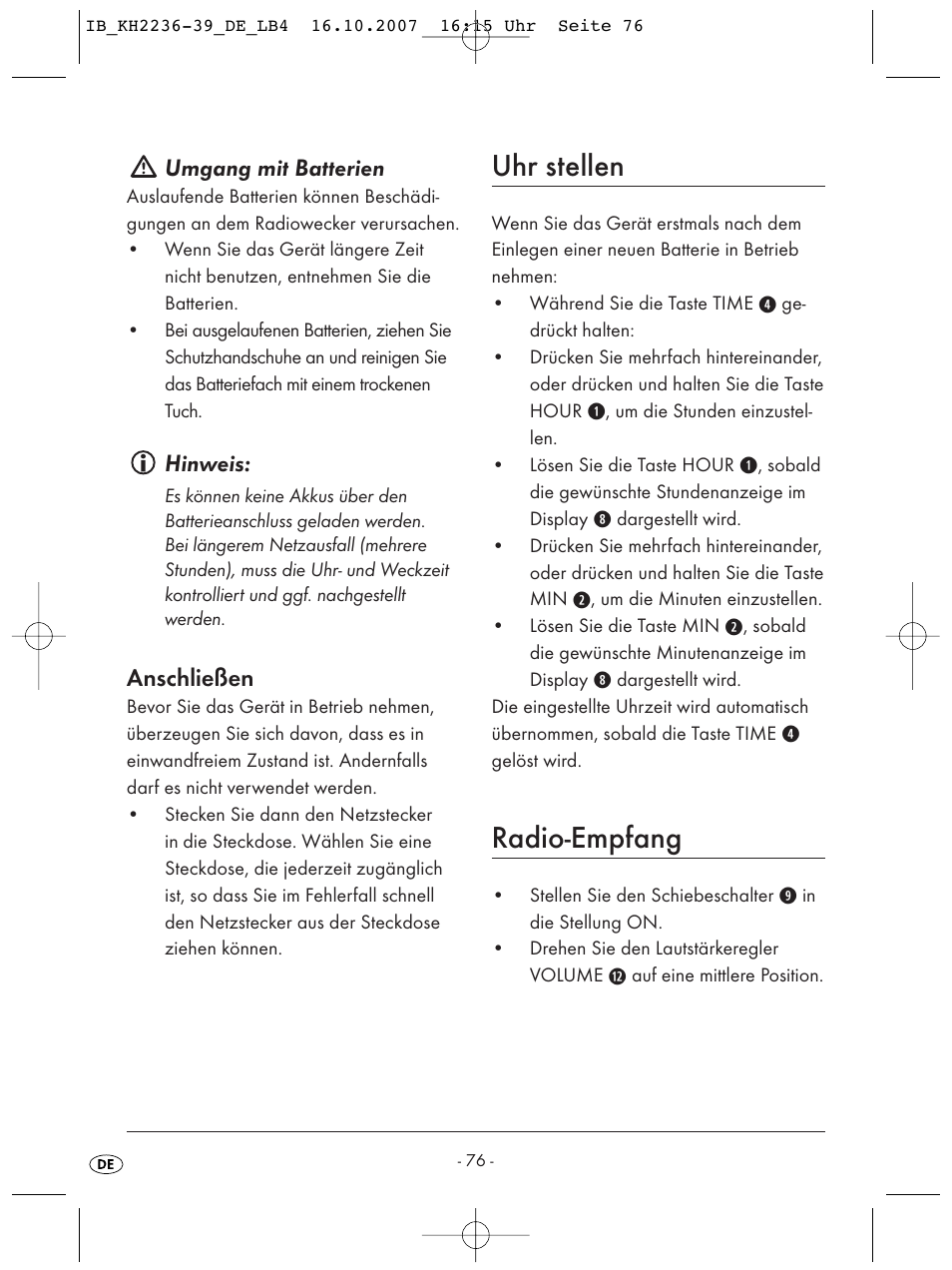 Uhr stellen, Radio-empfang | Kompernass KH 2238 User Manual | Page 78 / 82