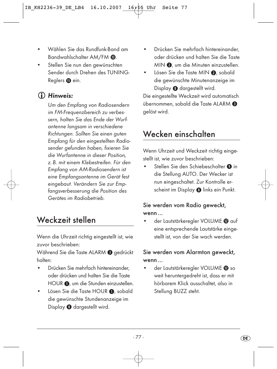 Weckzeit stellen, Wecken einschalten | Kompernass KH 2238 User Manual | Page 79 / 82