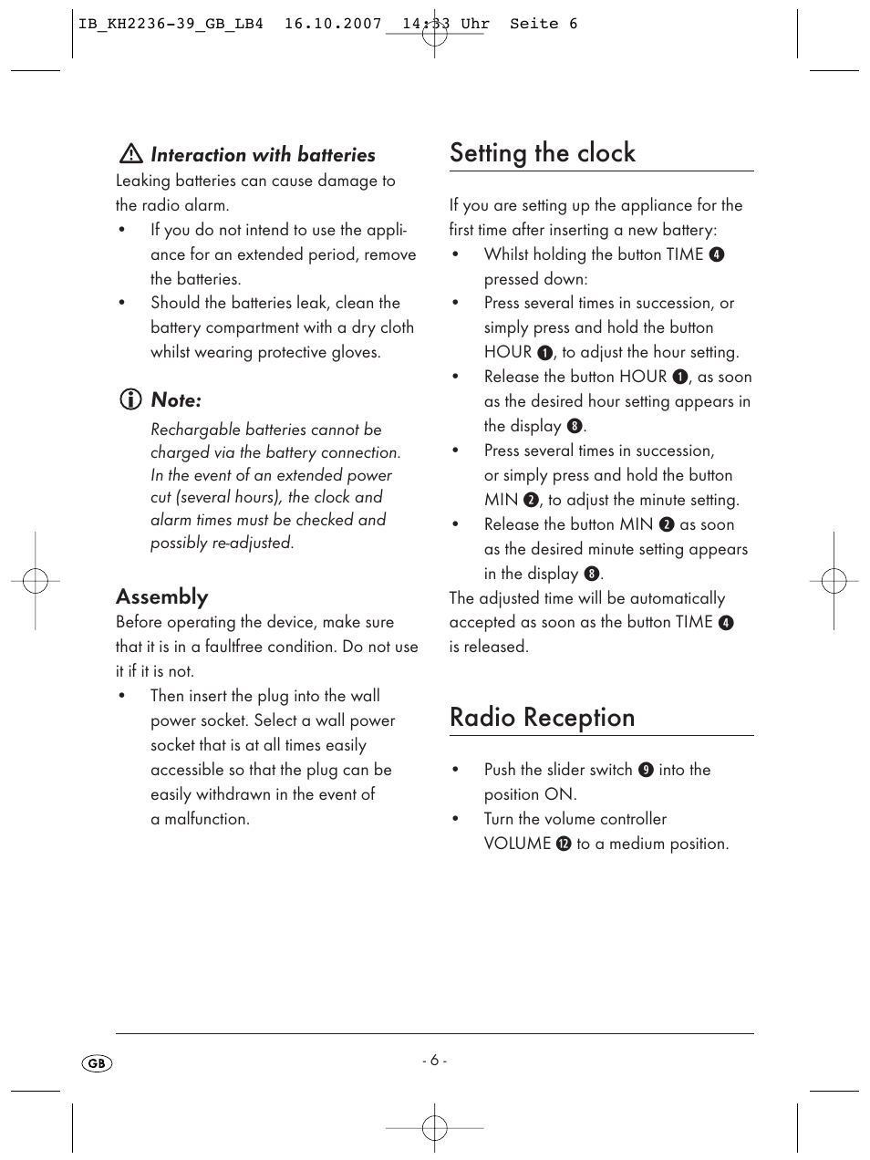 Setting the clock, Radio reception | Kompernass KH 2238 User Manual | Page 8 / 82