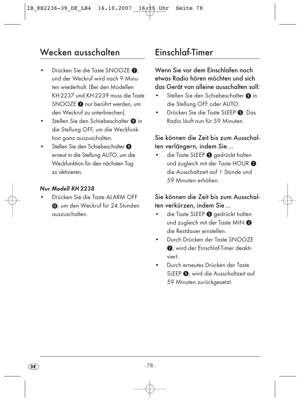 Wecken ausschalten, Einschlaf-timer | Kompernass KH 2238 User Manual | Page 80 / 82