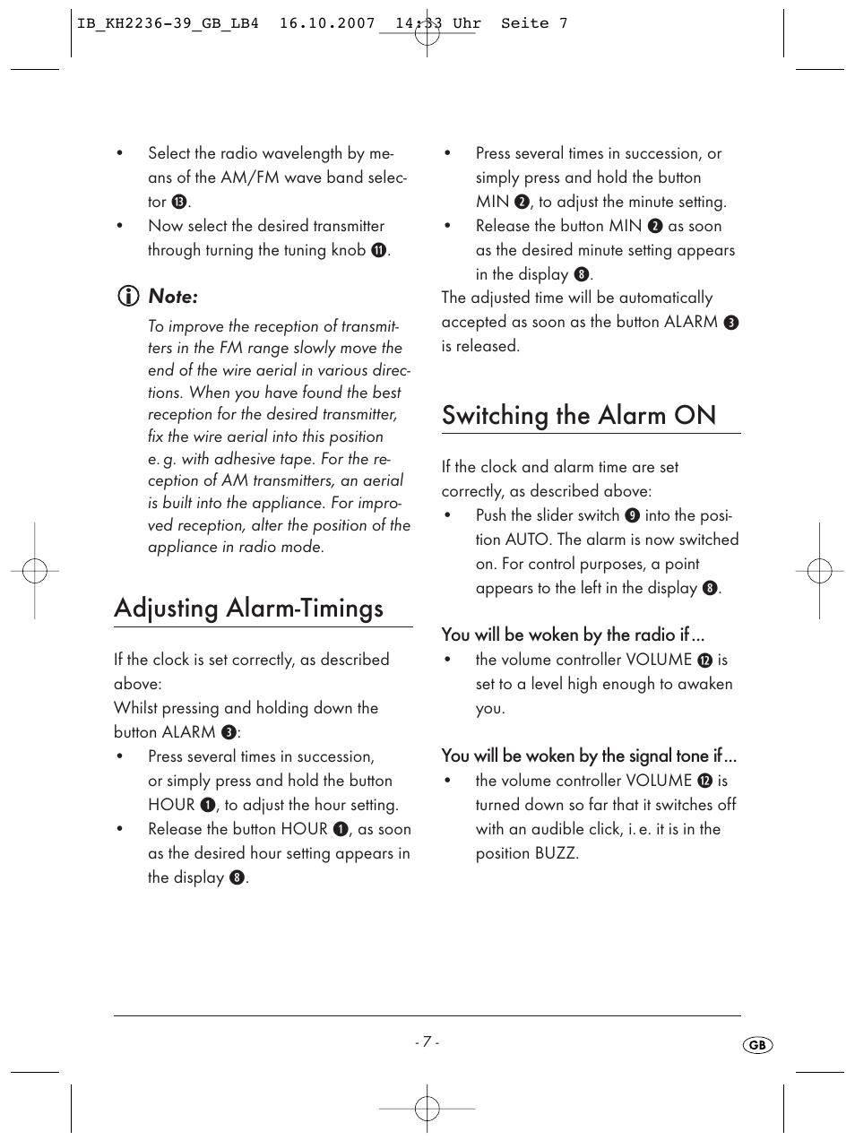 Adjusting alarm-timings, Switching the alarm on | Kompernass KH 2238 User Manual | Page 9 / 82