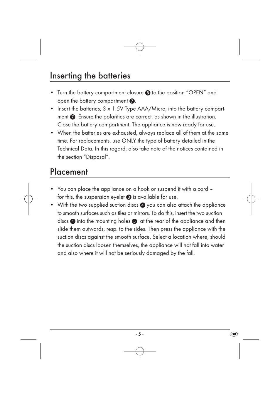 Inserting the batteries, Placement | Kompernass KH 2170 User Manual | Page 7 / 24