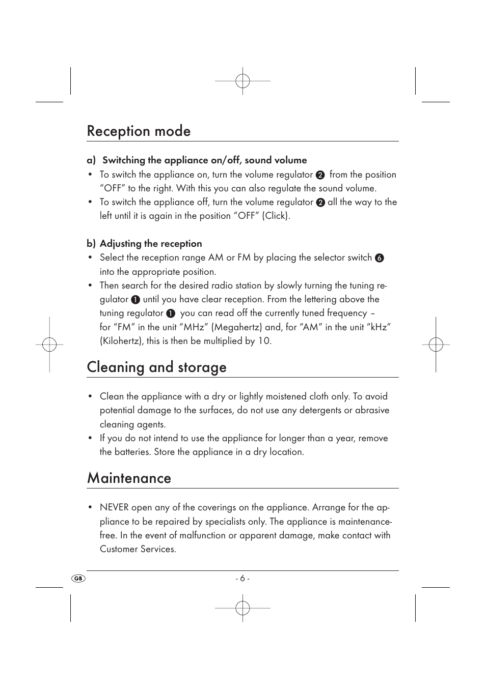 Reception mode, Cleaning and storage, Maintenance | Kompernass KH 2170 User Manual | Page 8 / 24