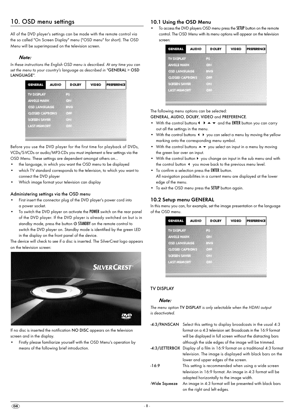 Osd menu settings | Kompernass SILVERCREST KH 6521 User Manual | Page 10 / 54