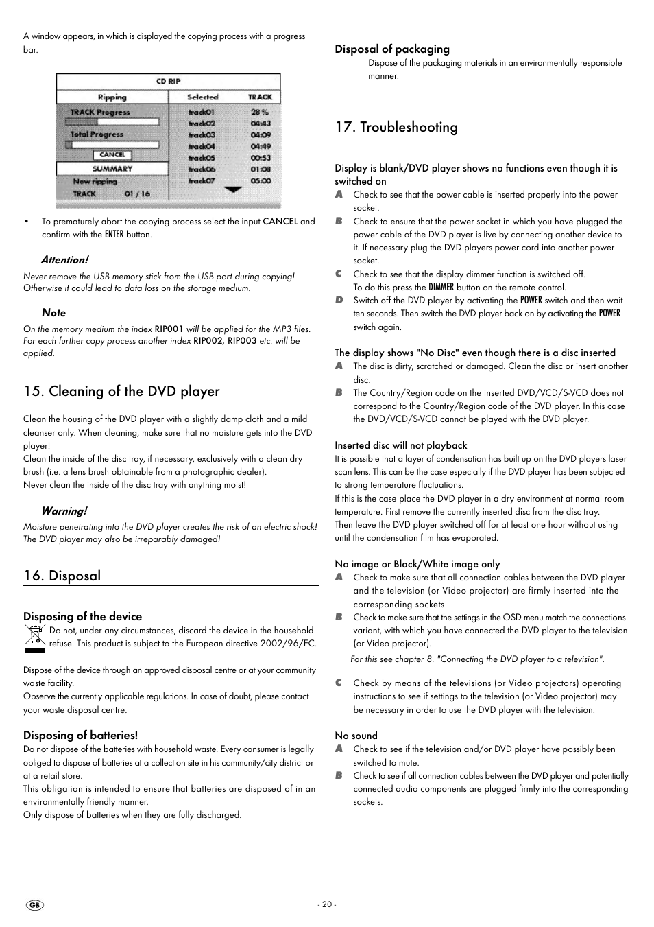 Cleaning of the dvd player, Disposal, Troubleshooting | Kompernass SILVERCREST KH 6521 User Manual | Page 22 / 54