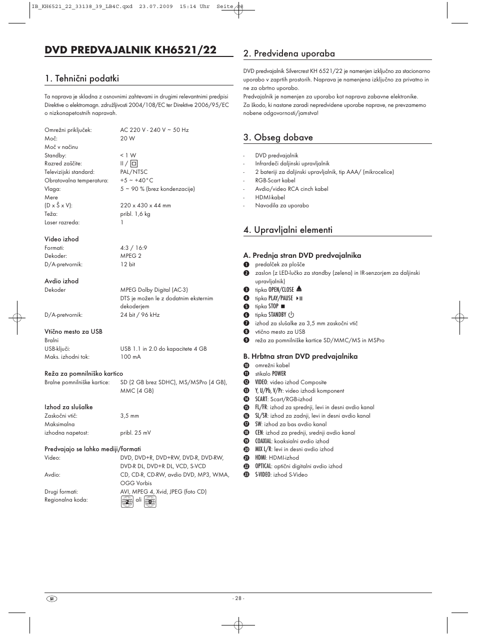 Tehnični podatki, Predvidena uporaba, Obseg dobave | Upravljalni elementi | Kompernass SILVERCREST KH 6521 User Manual | Page 30 / 54