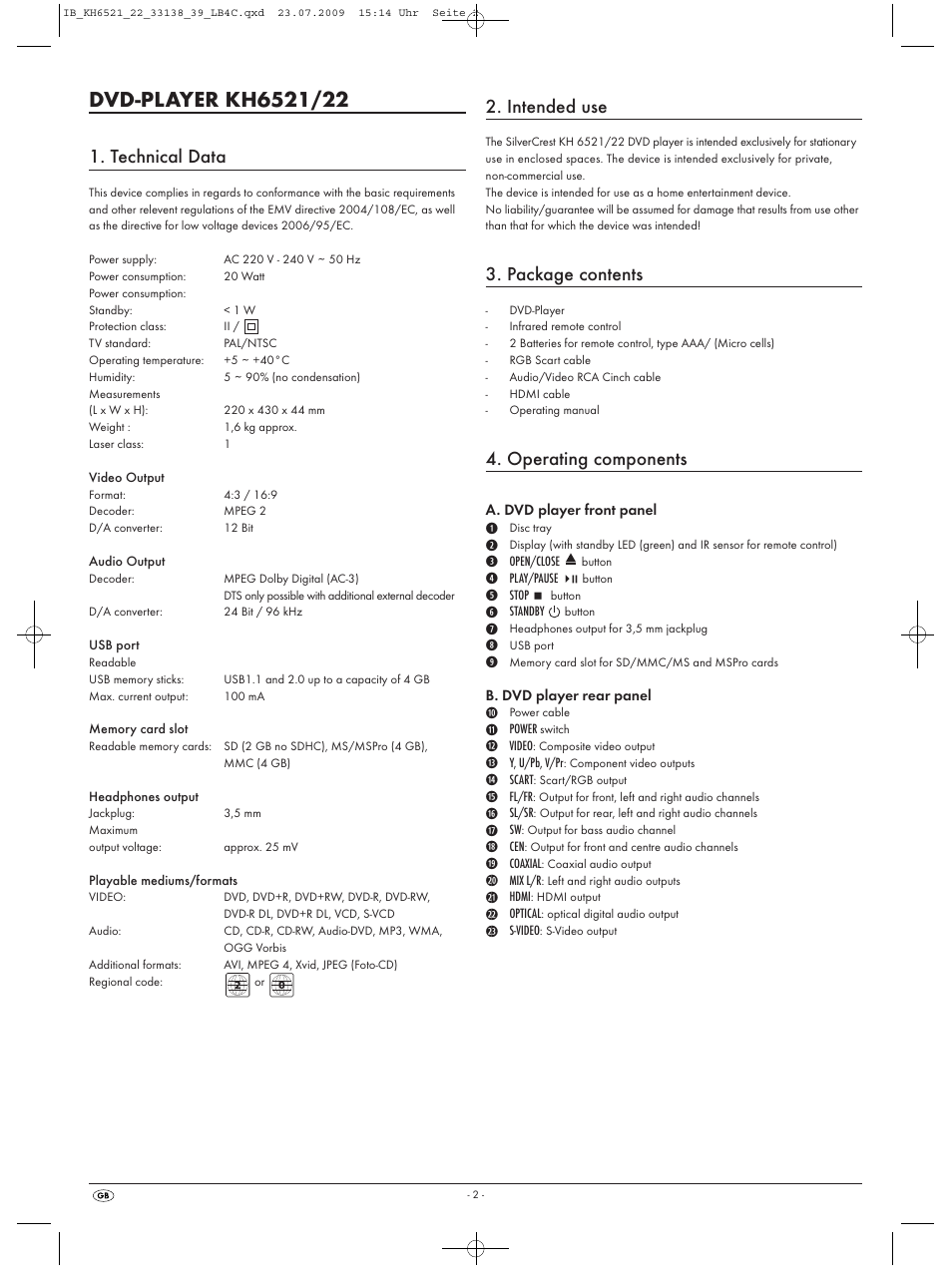 Technical data, Intended use, Package contents | Operating components | Kompernass SILVERCREST KH 6521 User Manual | Page 4 / 54