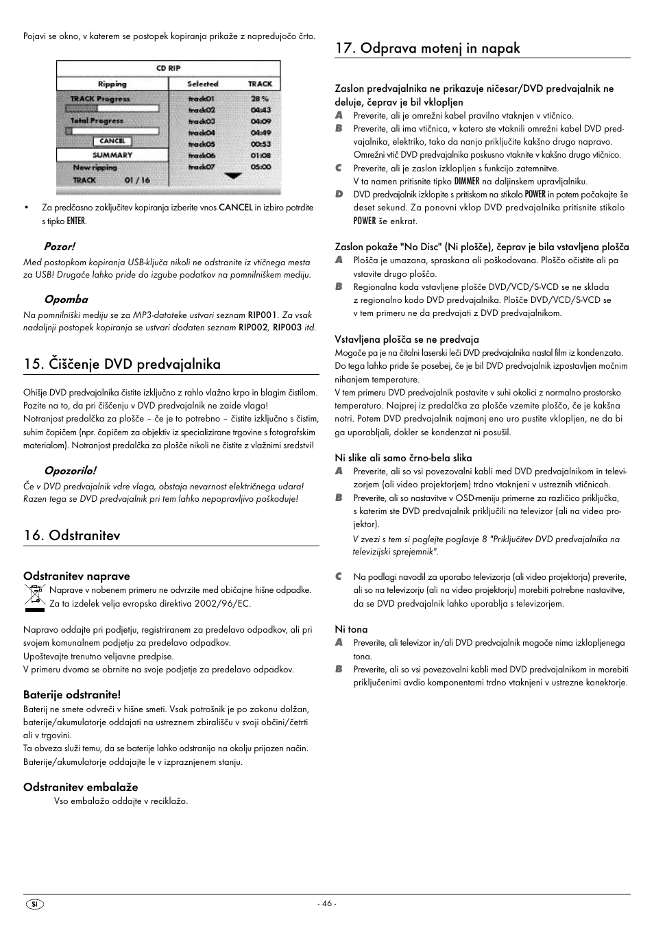 Čiščenje dvd predvajalnika, Odstranitev, Odprava motenj in napak | Kompernass SILVERCREST KH 6521 User Manual | Page 48 / 54
