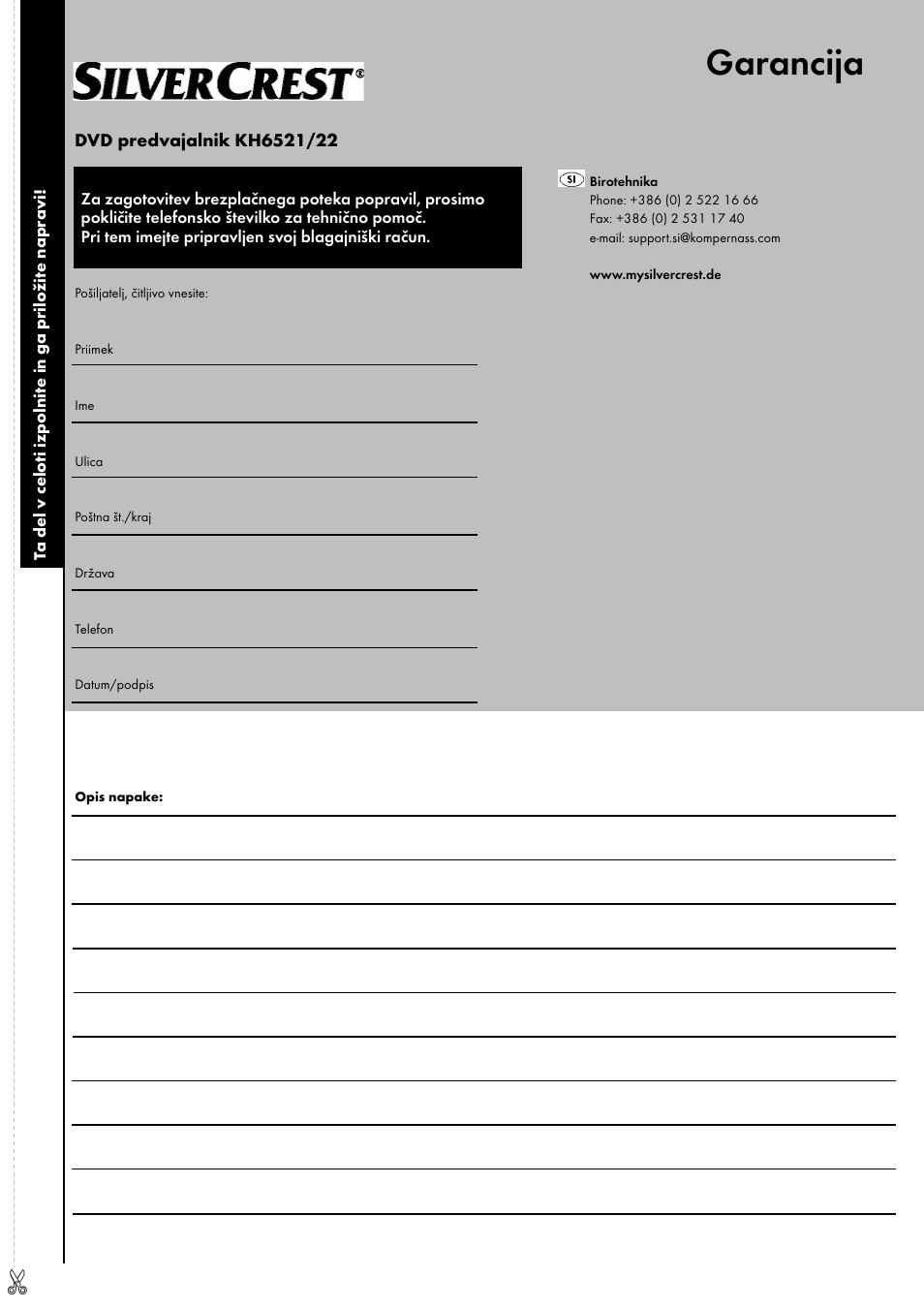 Garancija | Kompernass SILVERCREST KH 6521 User Manual | Page 53 / 54