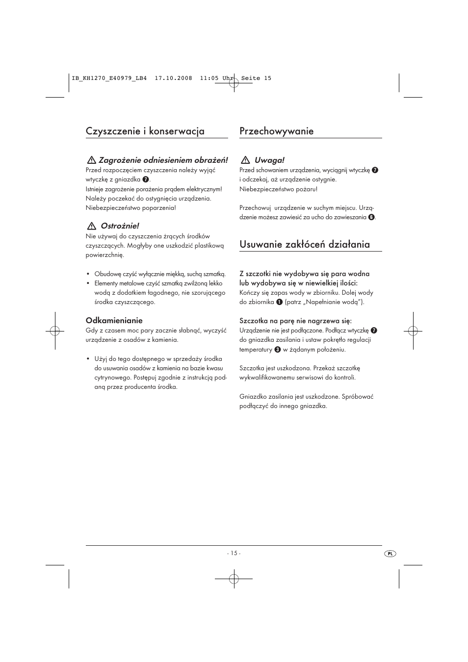 Czyszczenie i konserwacja, Przechowywanie, Usuwanie zakłóceń działania | Kompernass STEAM BRUSH KH1270-06/08-V6 User Manual | Page 17 / 66