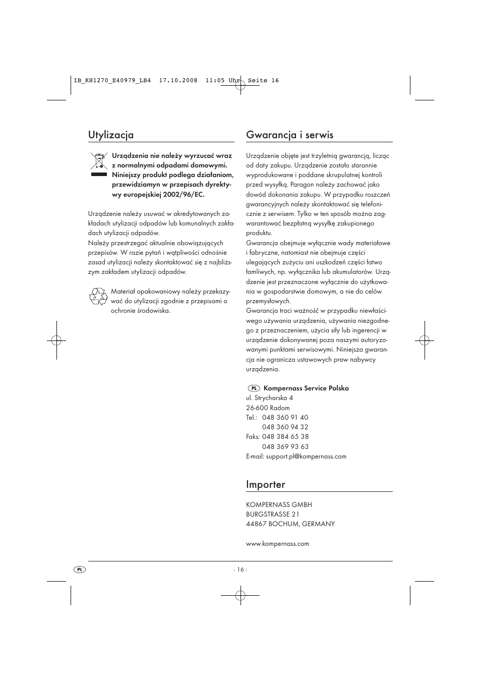 Utylizacja, Gwarancja i serwis, Importer | Kompernass STEAM BRUSH KH1270-06/08-V6 User Manual | Page 18 / 66