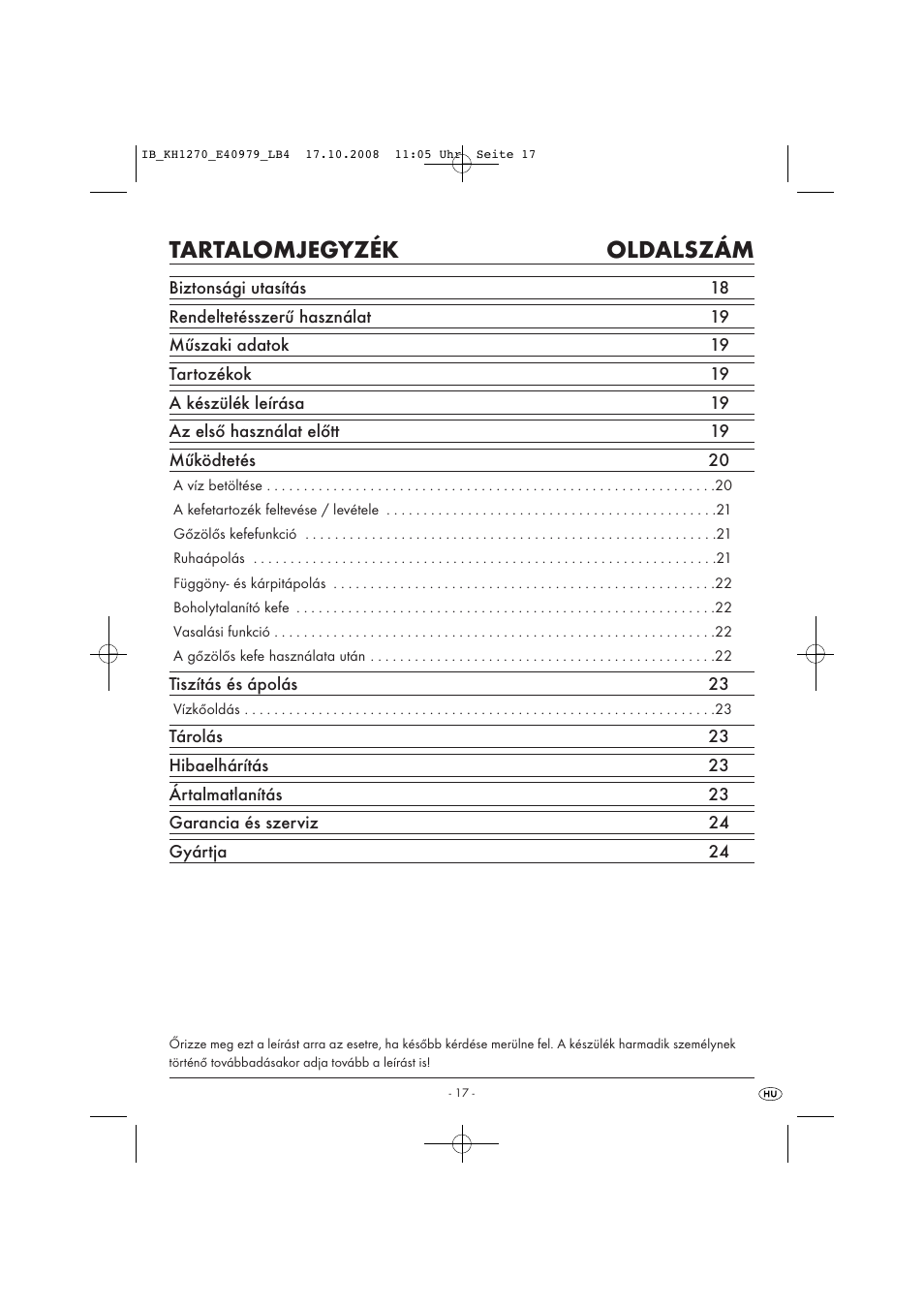 Tartalomjegyzék oldalszám | Kompernass STEAM BRUSH KH1270-06/08-V6 User Manual | Page 19 / 66