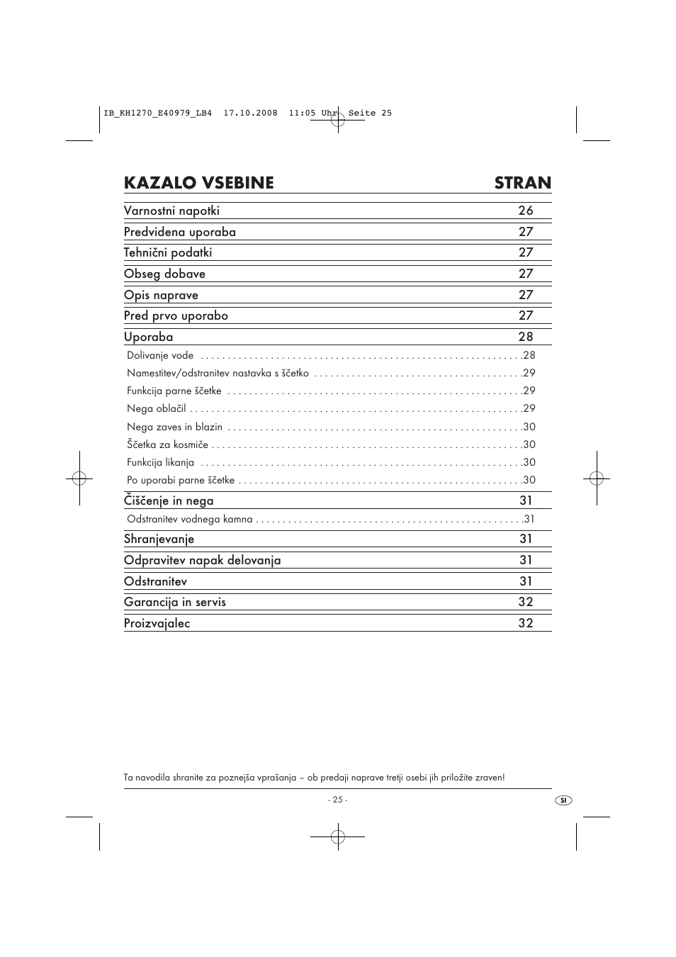 Kazalo vsebine stran | Kompernass STEAM BRUSH KH1270-06/08-V6 User Manual | Page 27 / 66