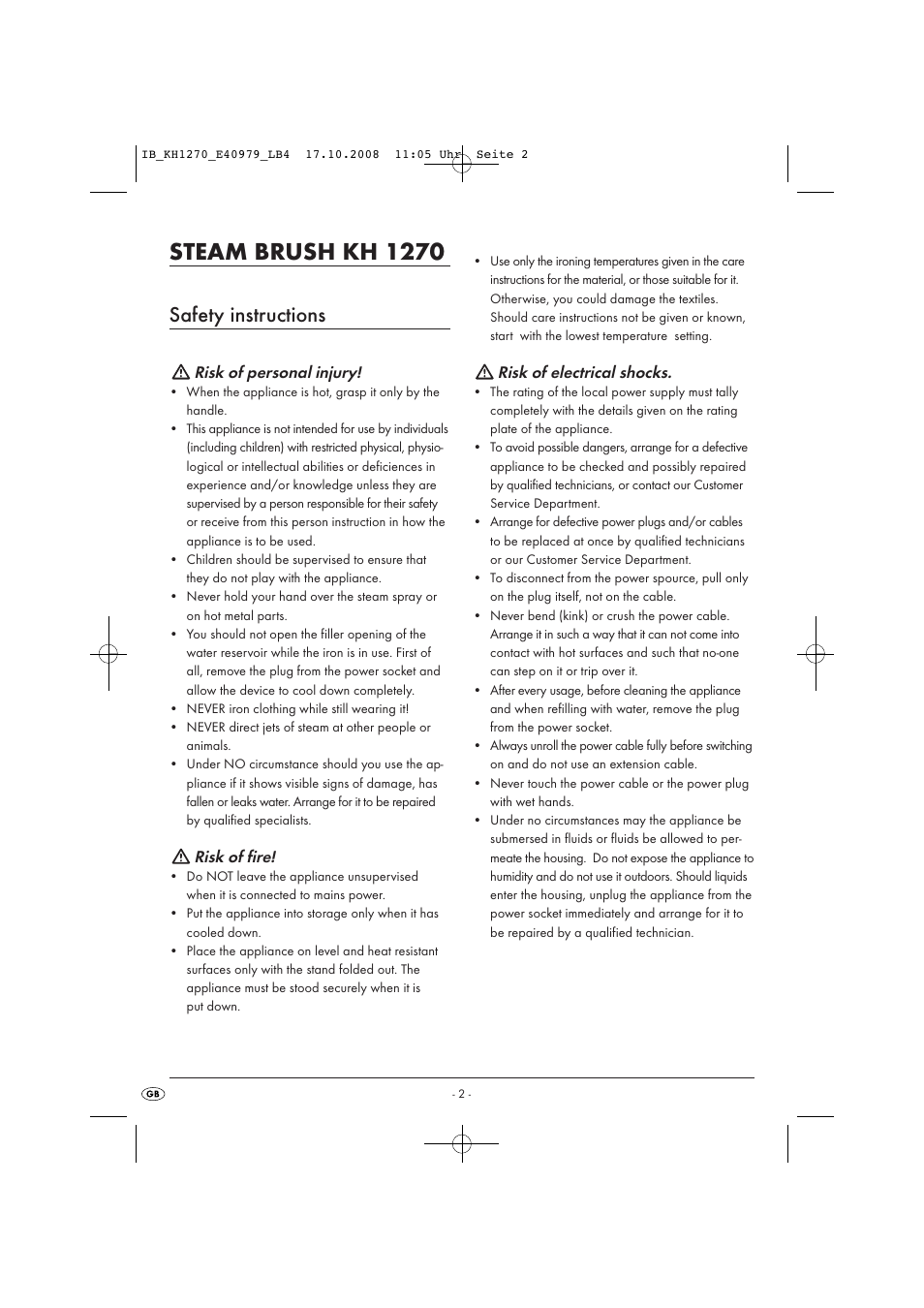 Steam brush kh 1270, Safety instructions | Kompernass STEAM BRUSH KH1270-06/08-V6 User Manual | Page 4 / 66