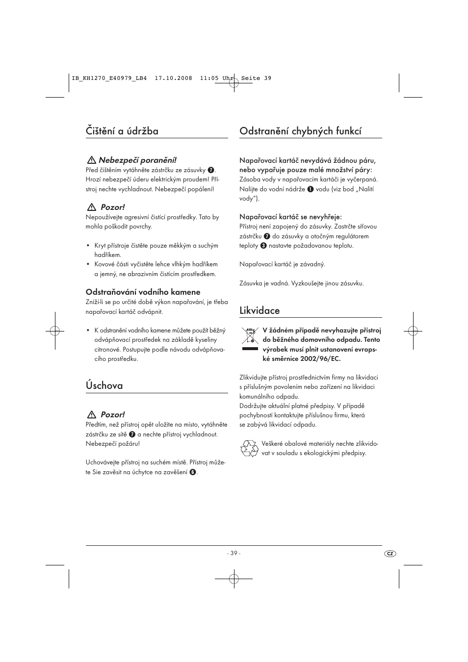 Čištění a údržba, Úschova, Odstranění chybných funkcí | Likvidace | Kompernass STEAM BRUSH KH1270-06/08-V6 User Manual | Page 41 / 66
