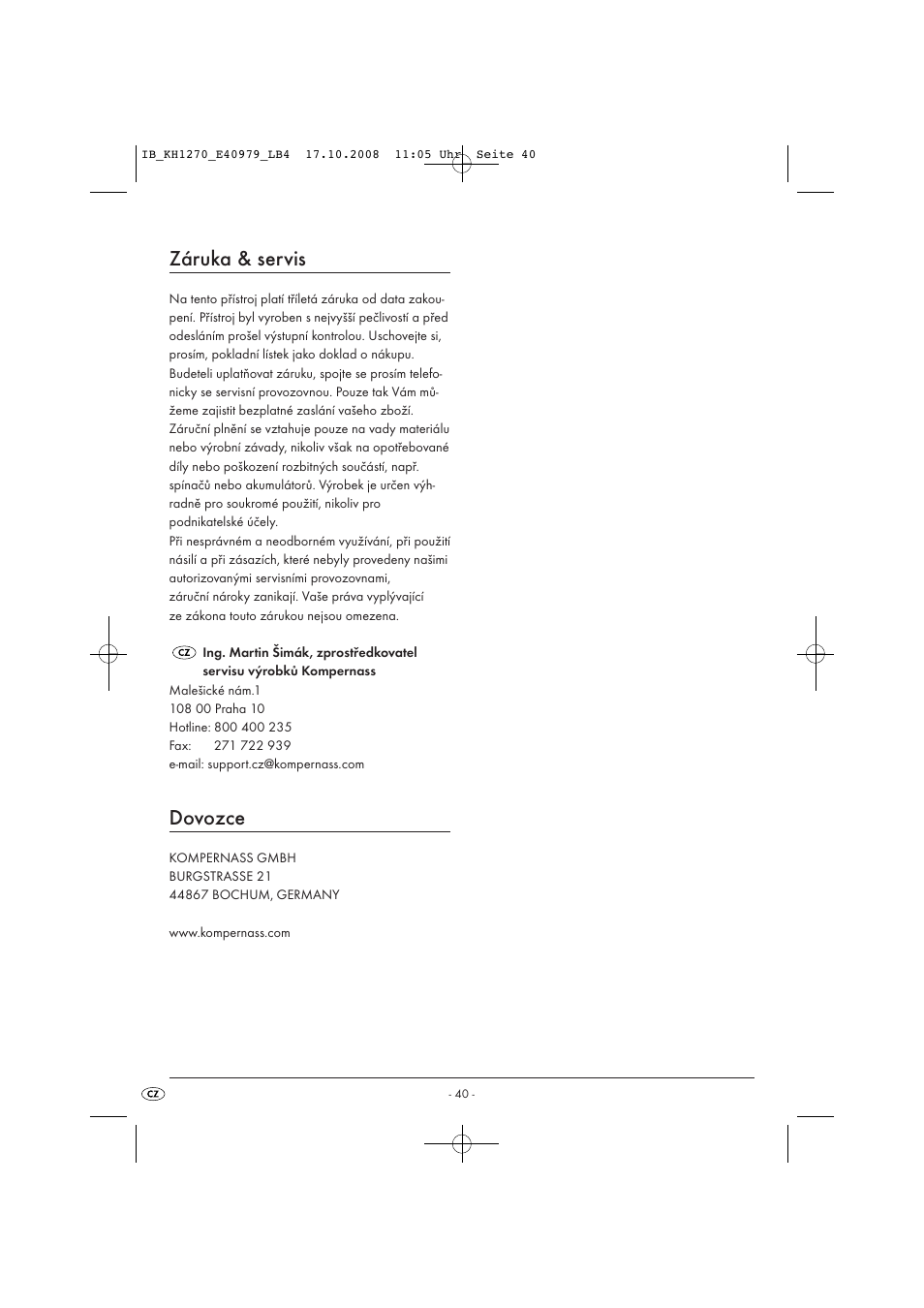 Záruka & servis, Dovozce | Kompernass STEAM BRUSH KH1270-06/08-V6 User Manual | Page 42 / 66