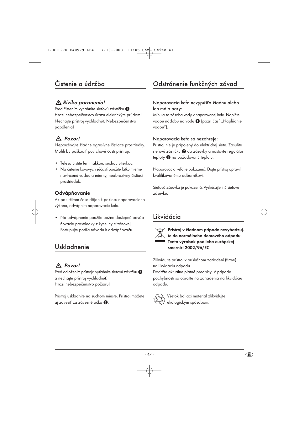 Čistenie a údržba, Uskladnenie, Odstránenie funkčných závad | Likvidácia | Kompernass STEAM BRUSH KH1270-06/08-V6 User Manual | Page 49 / 66