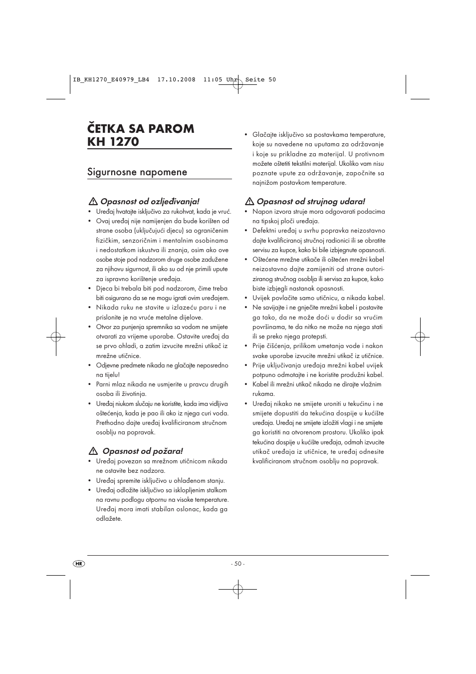 Četka sa parom kh 1270, Sigurnosne napomene | Kompernass STEAM BRUSH KH1270-06/08-V6 User Manual | Page 52 / 66