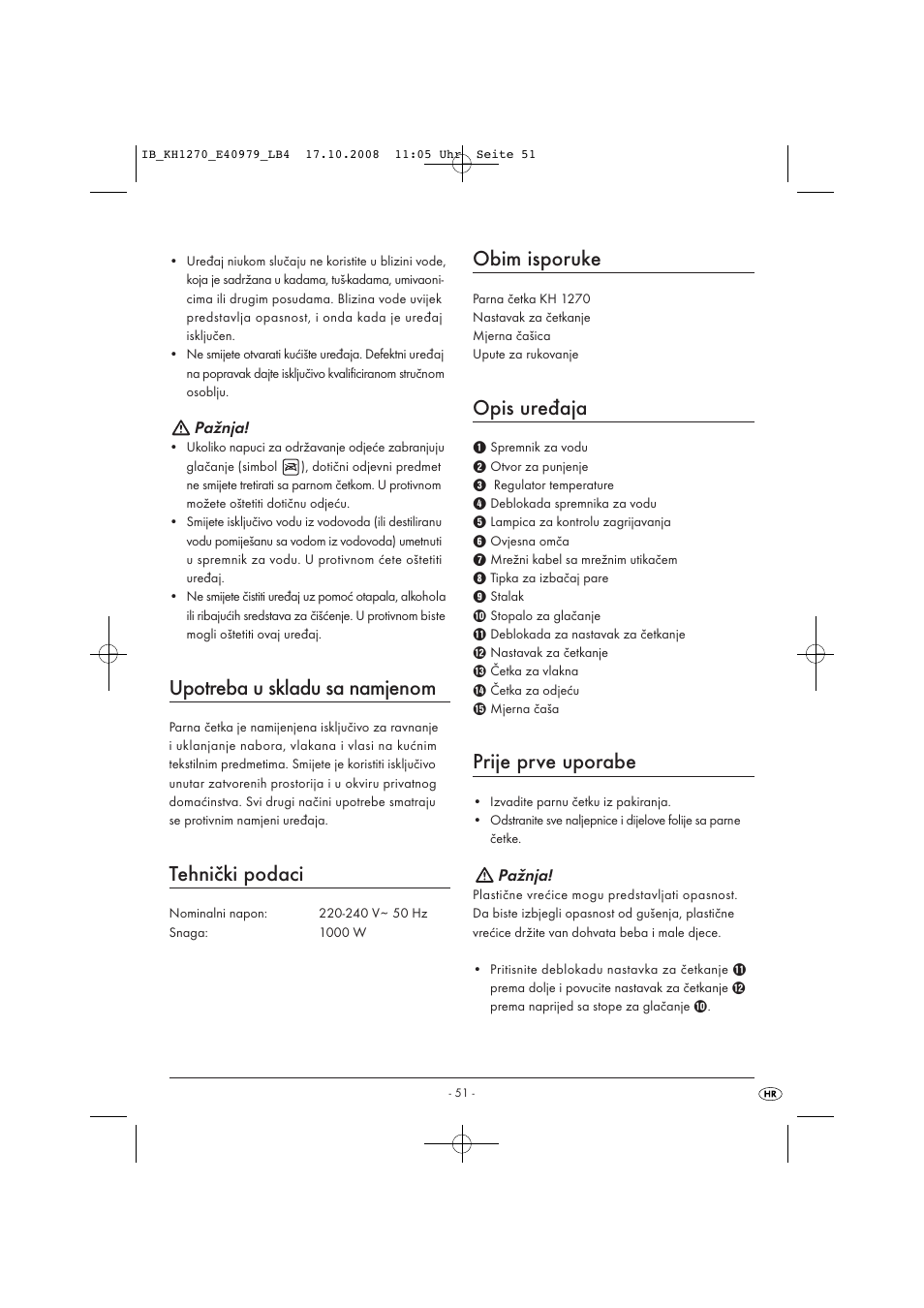 Upotreba u skladu sa namjenom, Tehnički podaci, Obim isporuke | Opis uređaja, Prije prve uporabe | Kompernass STEAM BRUSH KH1270-06/08-V6 User Manual | Page 53 / 66