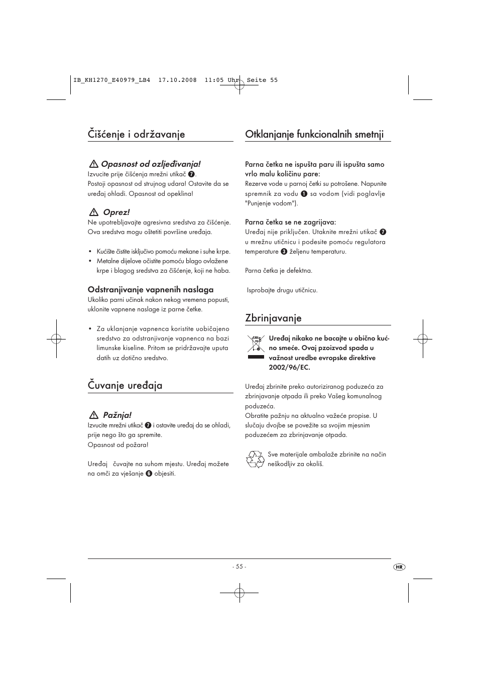 Čišćenje i održavanje, Čuvanje uređaja, Otklanjanje funkcionalnih smetnji | Zbrinjavanje | Kompernass STEAM BRUSH KH1270-06/08-V6 User Manual | Page 57 / 66