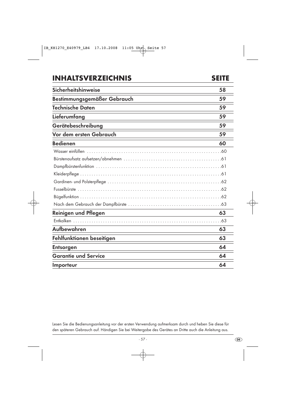 Inhaltsverzeichnis seite | Kompernass STEAM BRUSH KH1270-06/08-V6 User Manual | Page 59 / 66
