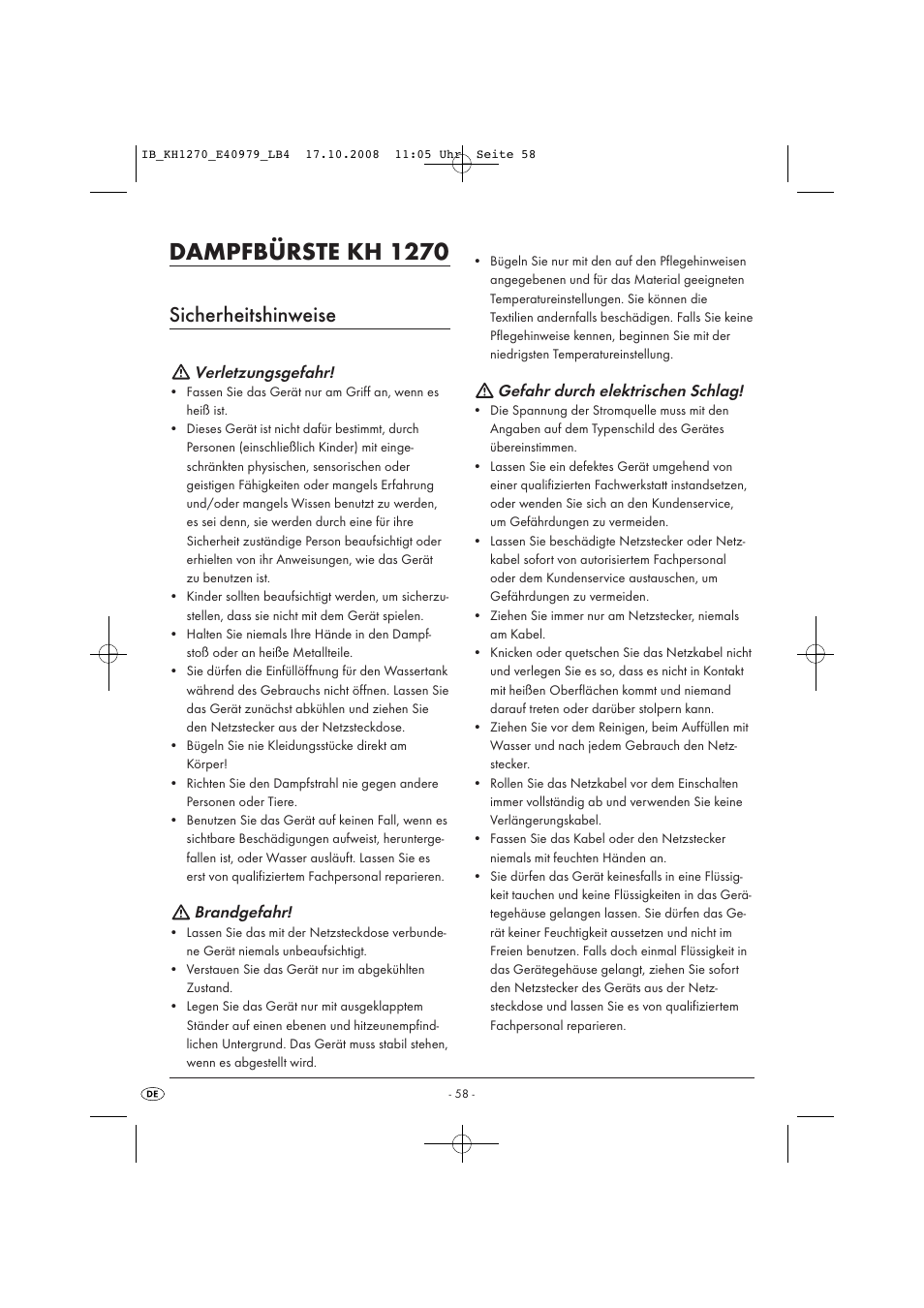 Dampfbürste kh 1270, Sicherheitshinweise | Kompernass STEAM BRUSH KH1270-06/08-V6 User Manual | Page 60 / 66