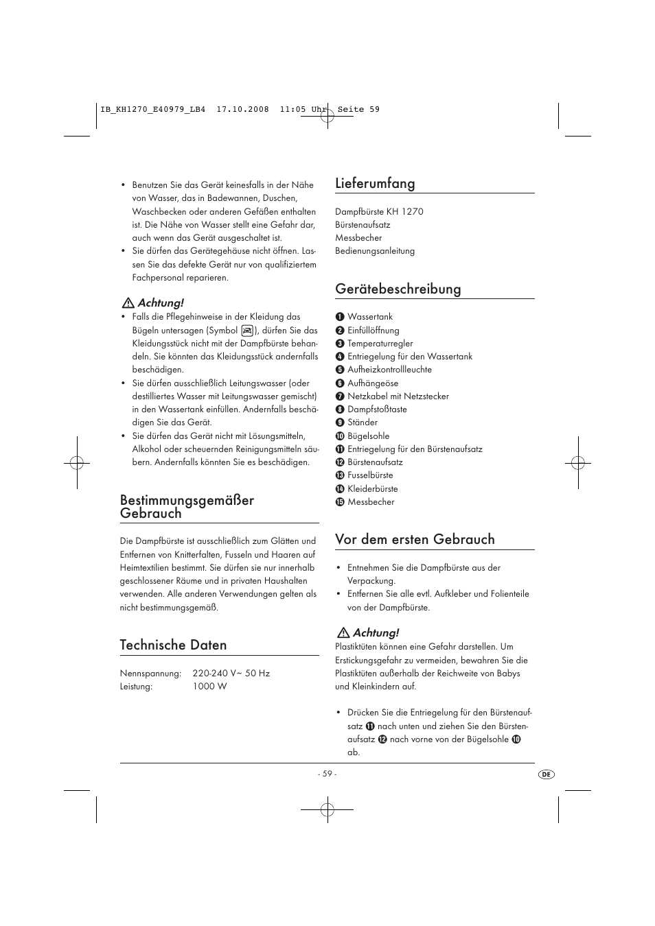 Bestimmungsgemäßer gebrauch, Technische daten, Lieferumfang | Gerätebeschreibung, Vor dem ersten gebrauch | Kompernass STEAM BRUSH KH1270-06/08-V6 User Manual | Page 61 / 66