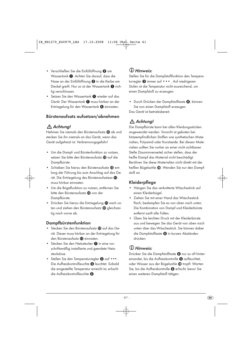 Achtung, Hinweis | Kompernass STEAM BRUSH KH1270-06/08-V6 User Manual | Page 63 / 66