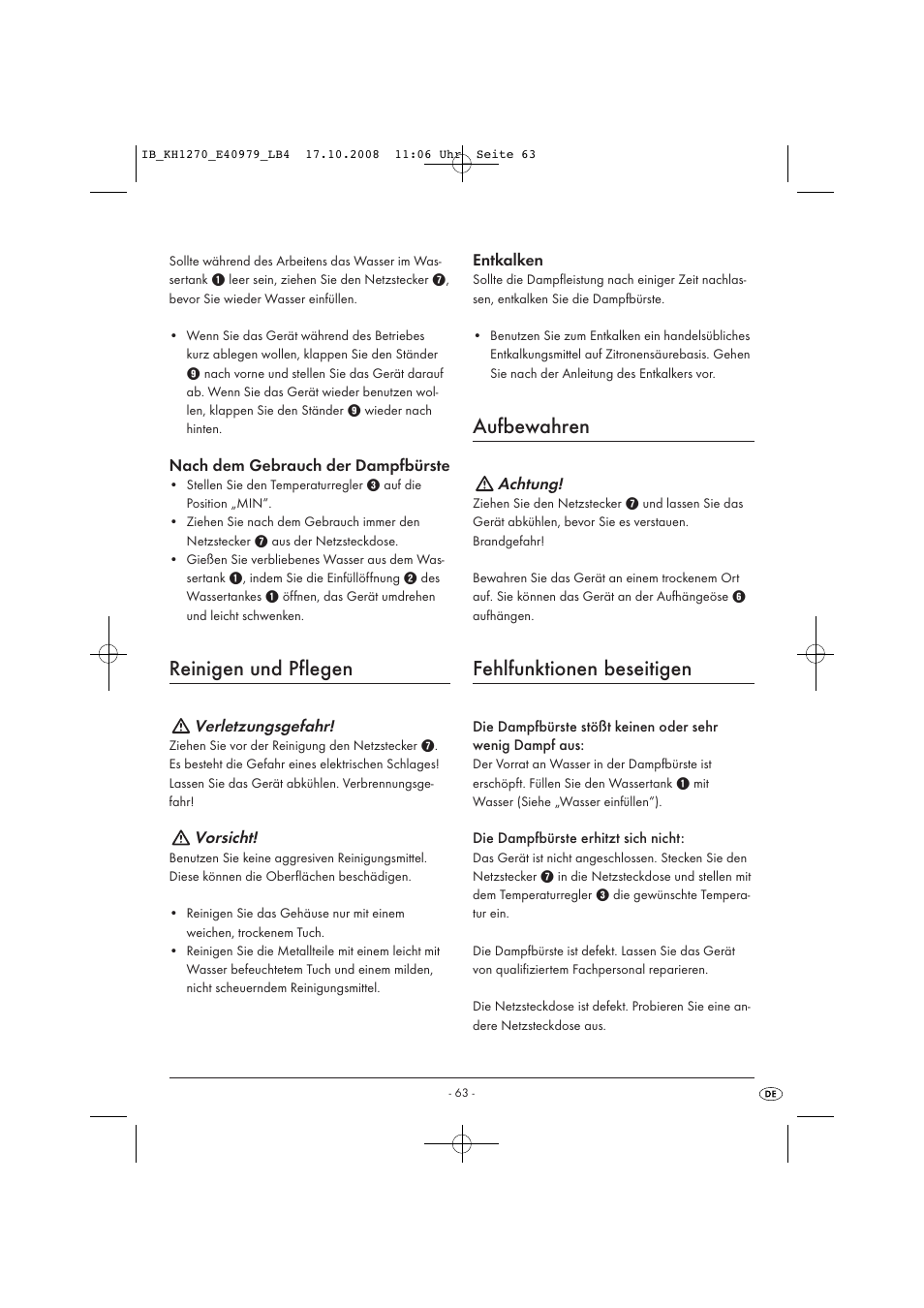 Reinigen und pflegen, Aufbewahren, Fehlfunktionen beseitigen | Kompernass STEAM BRUSH KH1270-06/08-V6 User Manual | Page 65 / 66
