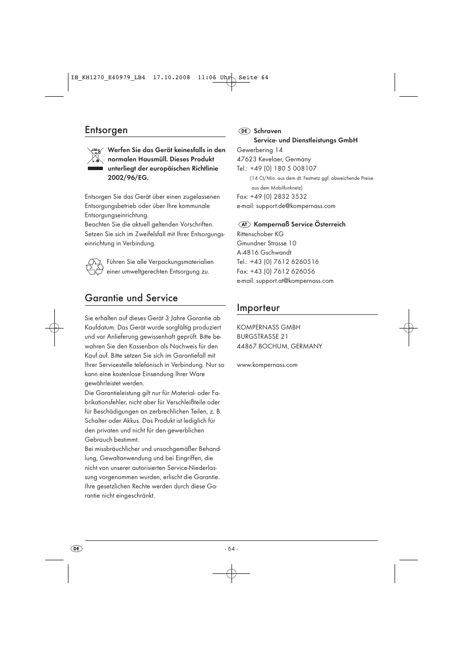Entsorgen, Garantie und service, Importeur | Kompernass STEAM BRUSH KH1270-06/08-V6 User Manual | Page 66 / 66