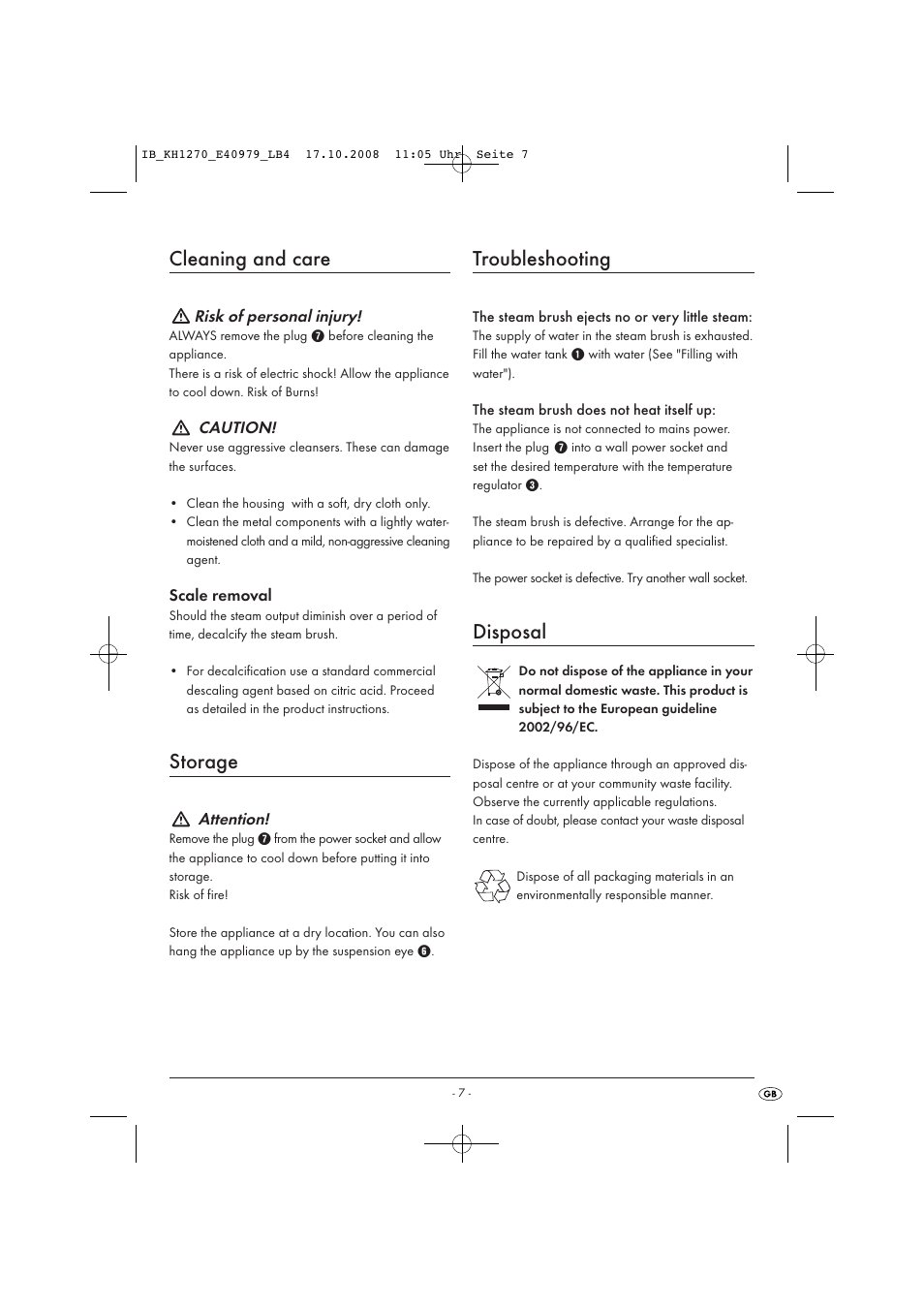 Cleaning and care, Storage, Troubleshooting | Disposal | Kompernass STEAM BRUSH KH1270-06/08-V6 User Manual | Page 9 / 66