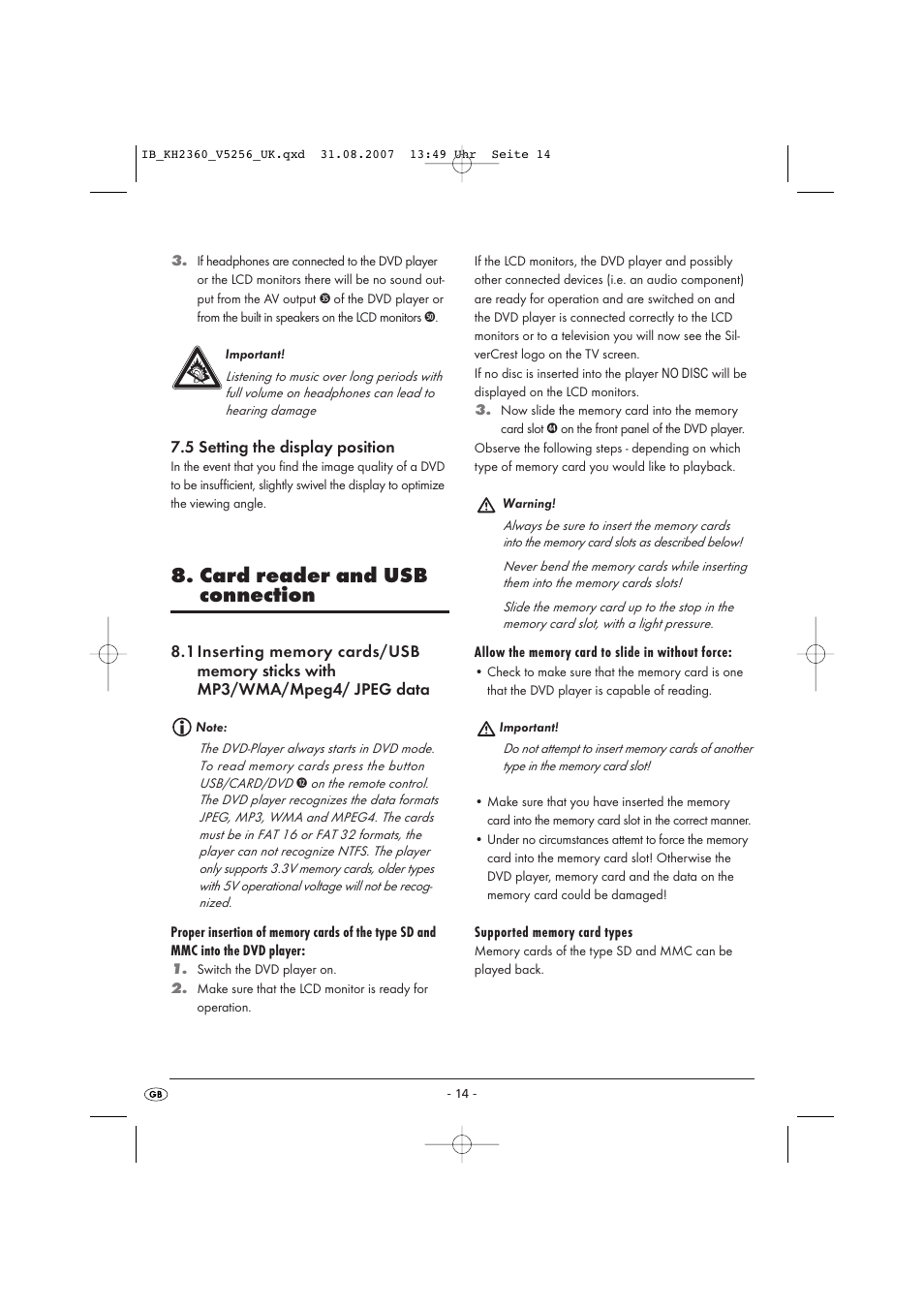 Card reader and usb connection | Kompernass KH 2360 User Manual | Page 16 / 42