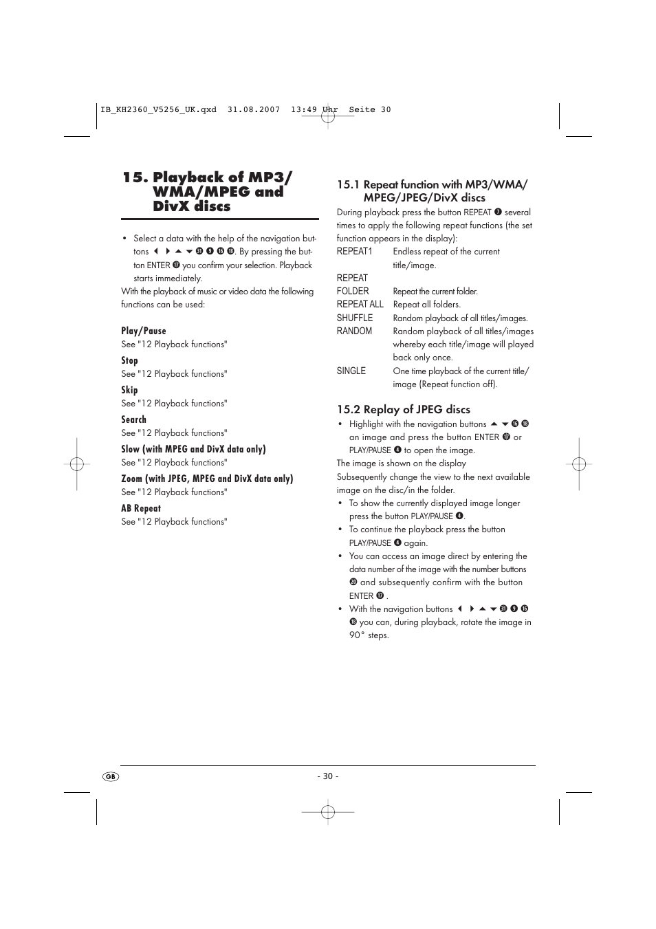 Playback of mp3/ wma/mpeg and divx discs | Kompernass KH 2360 User Manual | Page 32 / 42
