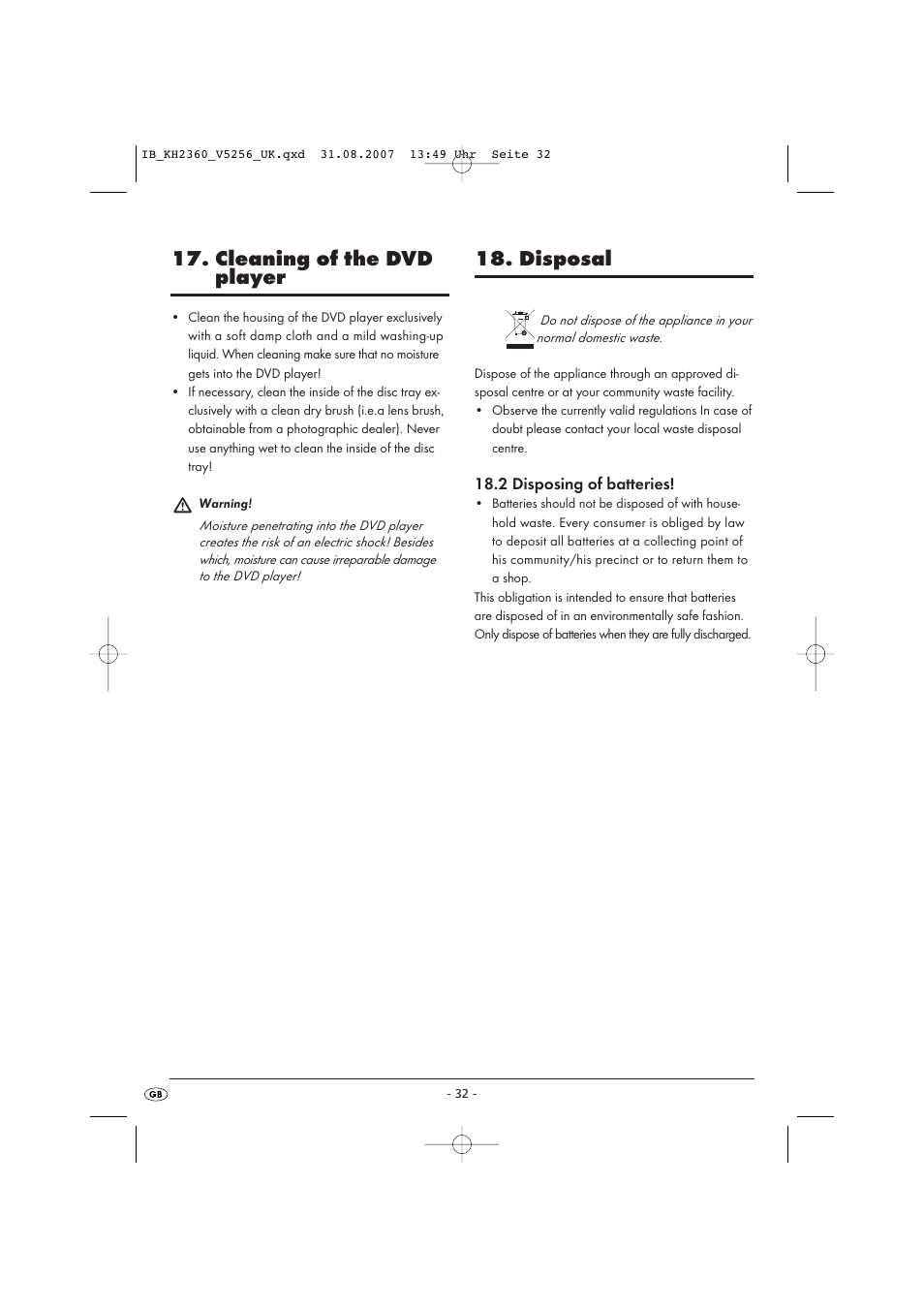 Cleaning of the dvd player, Disposal | Kompernass KH 2360 User Manual | Page 34 / 42