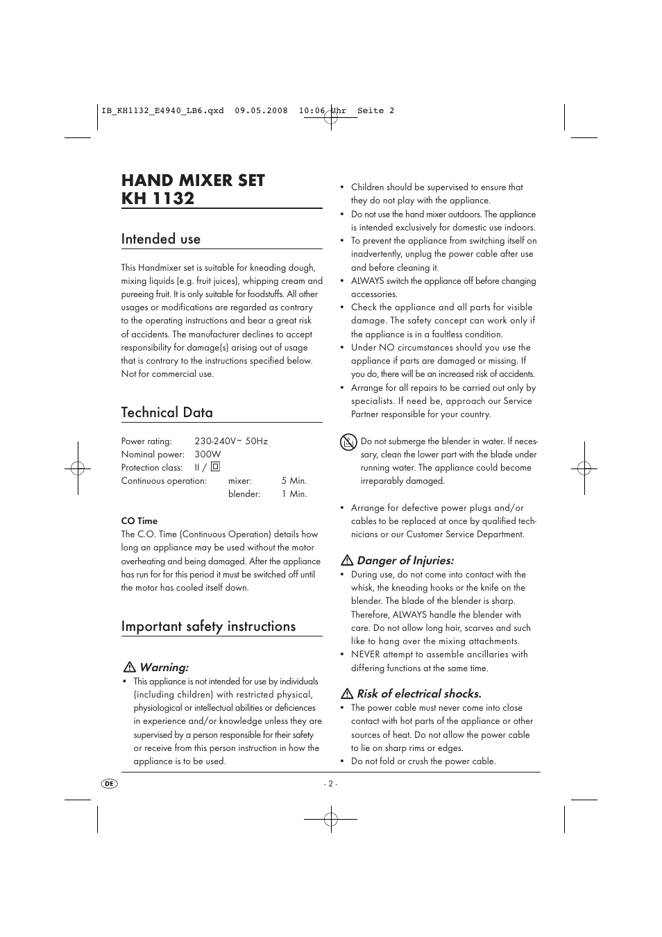 Hand mixer set kh 1132, Intended use, Technical data | Important safety instructions | Kompernass KH1132 User Manual | Page 4 / 9
