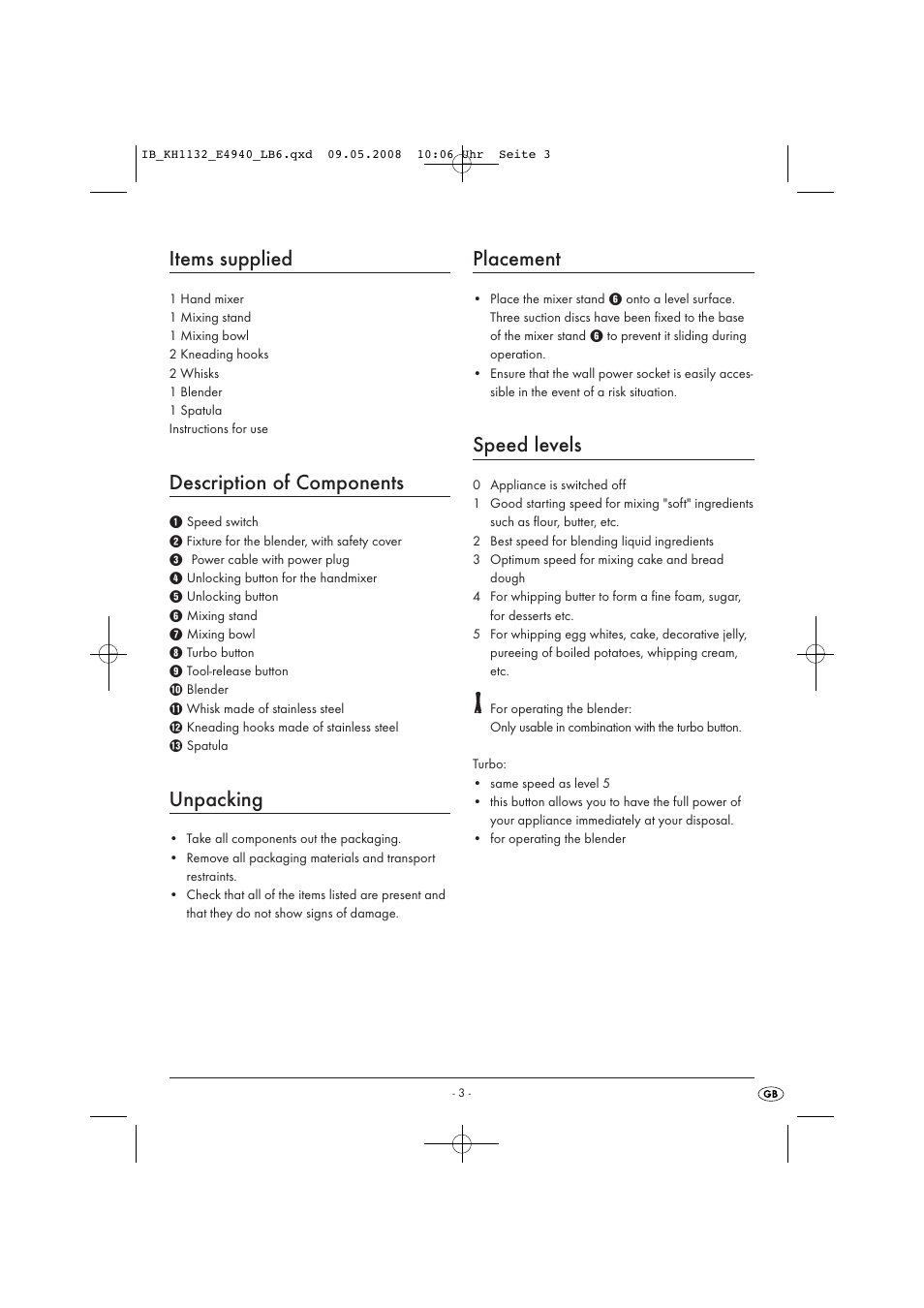 Items supplied, Description of components, Unpacking | Placement, Speed levels | Kompernass KH1132 User Manual | Page 5 / 9