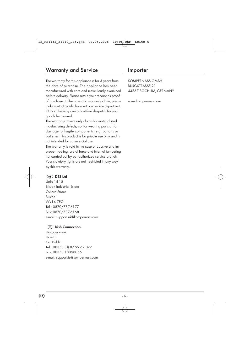 Warranty and service, Importer | Kompernass KH1132 User Manual | Page 8 / 9