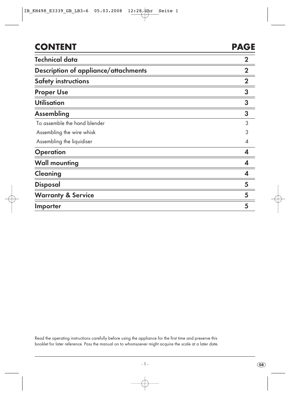 Content page | Kompernass KH498-03 User Manual | Page 3 / 8