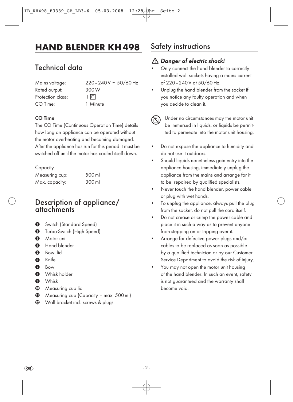 Hand blender kh 498, Technical data, Description of appliance/ attachments | Safety instructions, Danger of electric shock | Kompernass KH498-03 User Manual | Page 4 / 8