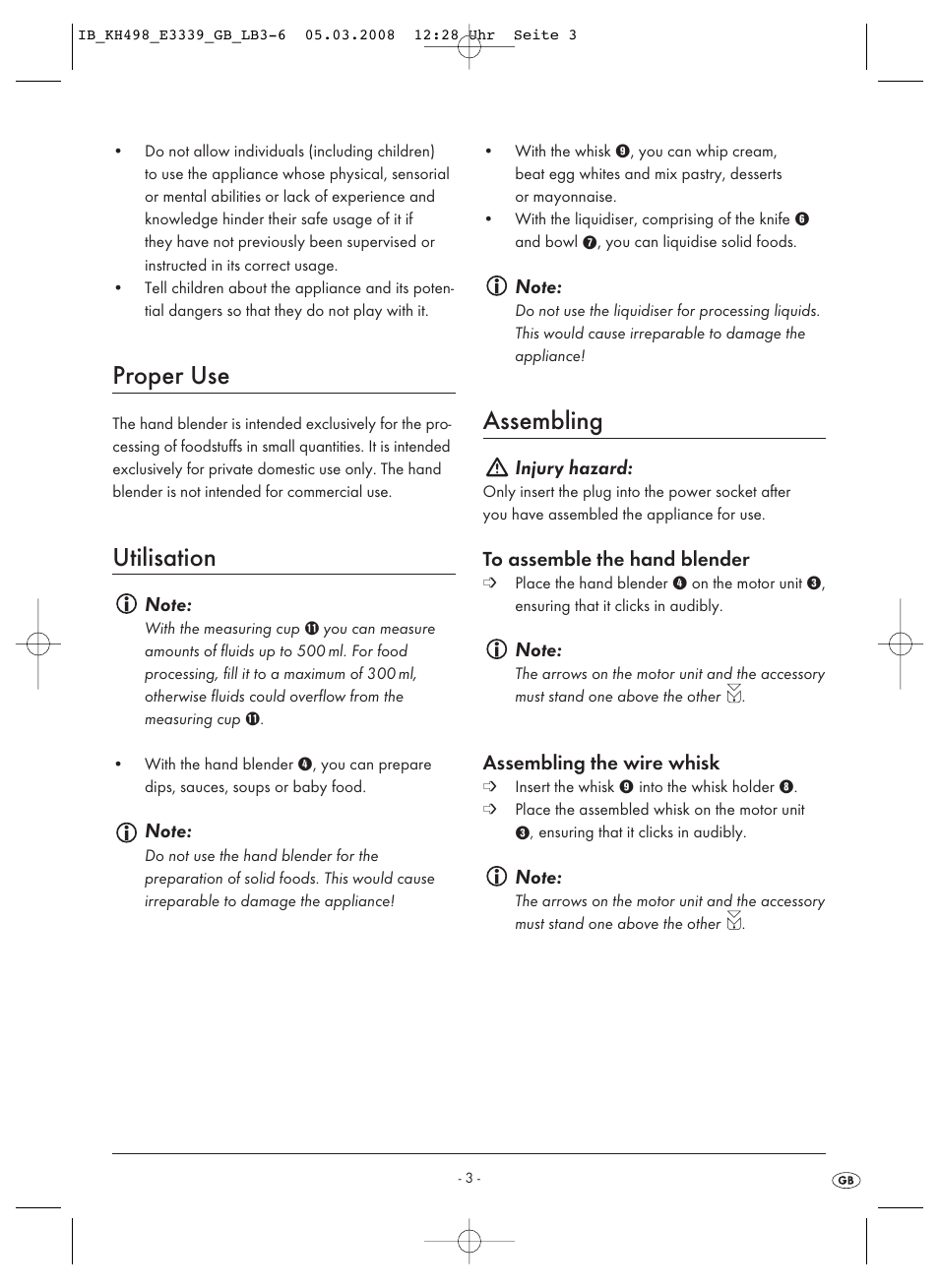 Proper use, Utilisation, Assembling | Injury hazard, Assembling the wire whisk | Kompernass KH498-03 User Manual | Page 5 / 8